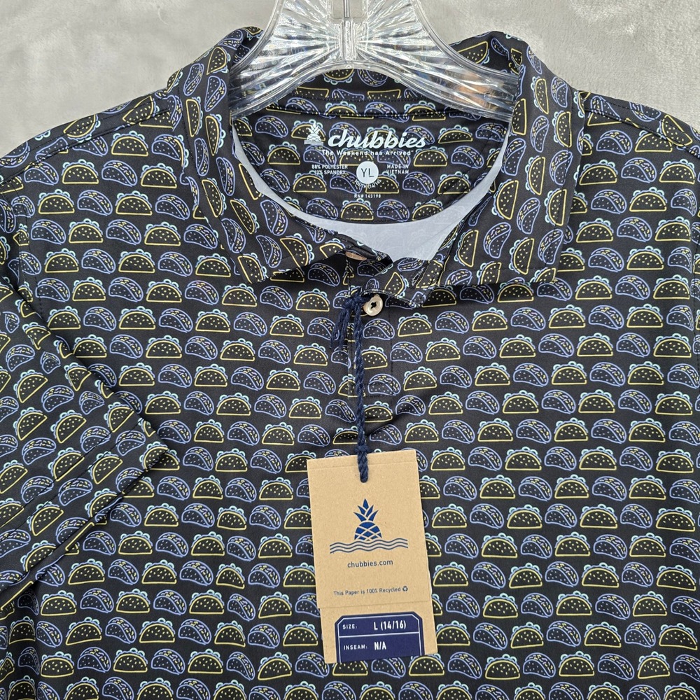 Chubbies Performance Polo Kids Size L (14/16) Black Taco Print Short Sleeveโ